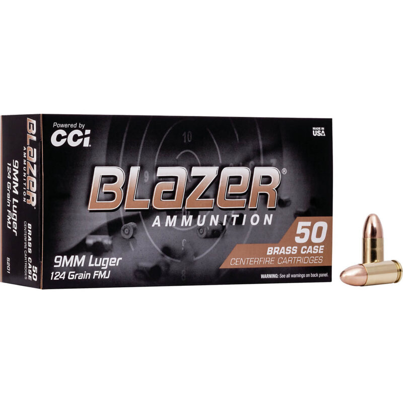 CCI Blazer Brass 9mm 124-Grain Full Metal Jacket Round Nose Centerfire Handgun Ammunition - 50 Rounds