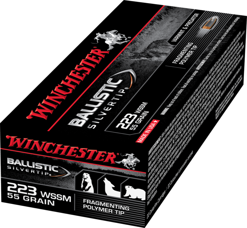 Winchester Ballistic Silvertip Varmint Ammunition 223 Winchester Super Short Magnum WSSM 55 Grain Fragmenting Polymer Tip Box of 20