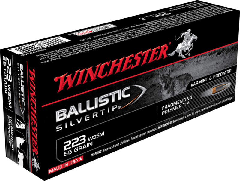 Winchester Ballistic Silvertip Varmint Ammunition 223 Winchester Super Short Magnum WSSM 55 Grain Fragmenting Polymer Tip Box of 20