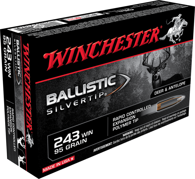 Winchester Ballistic Silvertip Ammunition 243 Winchester 95 Grain Rapid Controlled Expansion Polymer Tip Box of 20